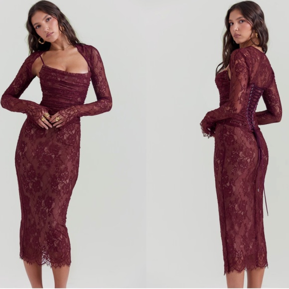HOUSE OF CB 'Gaia' Claret Lace Midi Dress NWOT size L - Picture 1 of 14